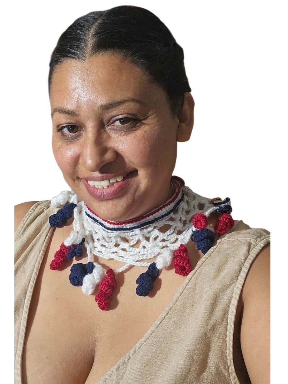 Handmade 2-way Boho Crochet Choker Necklace Patriotic Red White Blue Fiber Art
